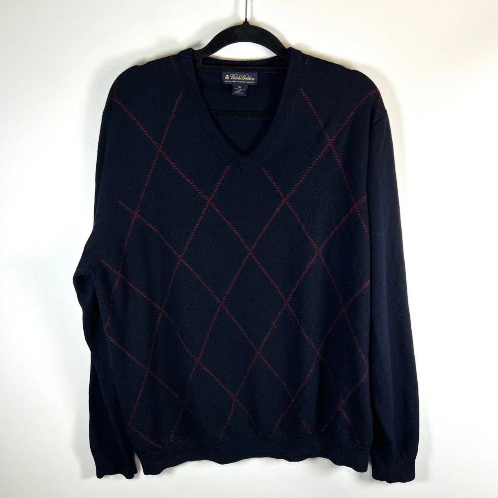 Brooks Brothers Men XL V Neck Argyle Sweater Extra Fine Italian Merino Wool Navy